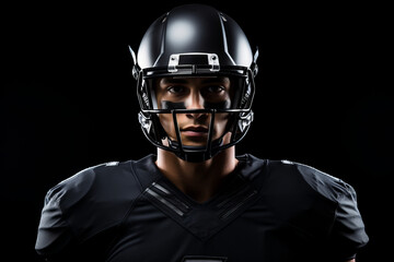 Naklejka premium Brown American football player in dark uniform and helmet on a dark background
