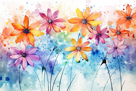 Watercolor floral background with daisies and watercolor splashes, Watercolors flowers background, abstract flowers made from watercolor paint splashes, AI Generated