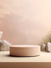 Fototapeta na wymiar Minimal scene mockup with stone product podium with copy space for social media . Pastel cream and beige colors 3d rendering scene, copy space, generative ai