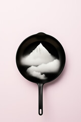 Snowy mountain in a frying pen on a pastel pink background.Minimal concept.