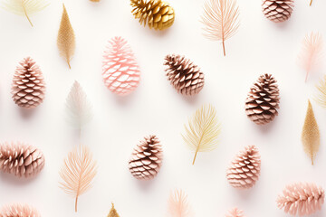 Minimal flat lay pattern with pine tree cones.White, bright pink and brown color combination.