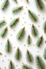 Minimal flat lay pattern with pine tree branches with golden details.White and green color combination.