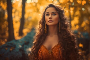 Beautiful enchanting woman autumn forest. Tree fashion art beauty face. Generate Ai