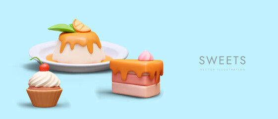 Concept of delicious and beautiful desserts. Advertising layout for confectionery, cafeteria, restaurant. Realistic panna cotta, piece of cake, cupcake with whipped cream. Appetizing serving