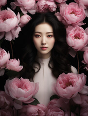 portrait of a asian beautiful female model with roses in the background.Fashion editorial.