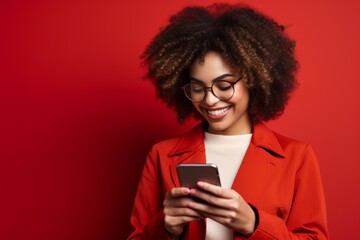 Fototapeta na wymiar Young brown woman on the red background with glasses and long curly hair in red jacket and white shirt smiles while holding phone