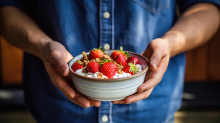 Pair of hands holding a bowl of yogurt topped with fresh strawberries - Powered by Adobe