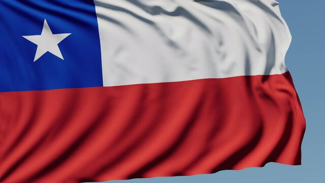 Close-up of the national flag of Chile flutters in the wind on a sunny day , 4k slow motion