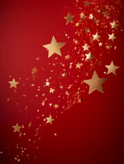 Golden five-pointed star falling in the sky, red background,. AI generative