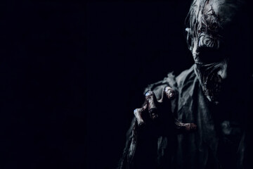 Fototapeta na wymiar Close up zombie walking black background. ai generative