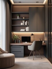 A desk area with a computer, calm atmosphere, home office, modern