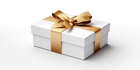 White gift box wrapped in a shiny gold ribbon isolated on white background