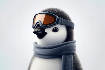 Closeup portrait of penguin wearing winter scarf and ski goggles, standing on white background. ai generative - obrazy, fototapety, plakaty
