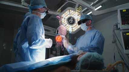 Surgeons operate patient in hospital surgery room wearing AR headsets. 3D rendering of virtual AI holographic display showing vital signs and human organs. VFX animation. Concept of modern medicine. - Powered by Adobe