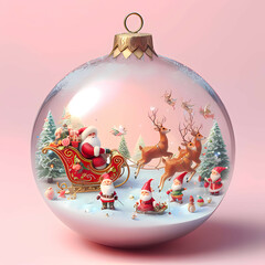 Christmas Enchantment: Santa Claus, Reindeer, Gnomes, and Tree in Ornamental Glass Bauble on Baby Pink Background