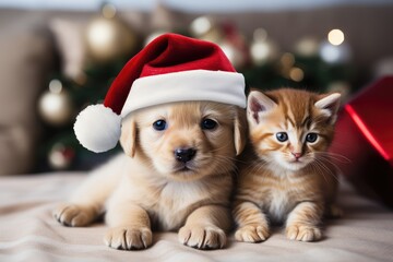Fototapeta na wymiar A Labrador puppy in a Santa Claus hat and a ginger kitten lie on the wooden floor. Advent calendar