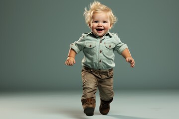 A happy boy in a shirt and jeans runs on a gray background. Advertising children's clothing