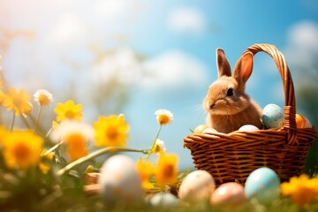 Vibrant spring Easter Background: basket, bunny, Eggs and Flowers, horizontal background, copy space for text