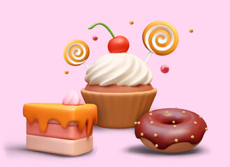 Realistic muffin with white cream, cake with orange fruit jam, and chocolate donut. Design for sweets shop. Vector illustration in brown colors on pink background