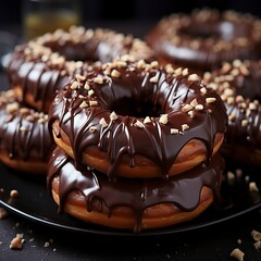 Several chocolate donuts on a dark background with nuts ,Chocolate day, Valentines Day, Valentines week 

