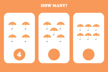 Counting game for kids. How many umbrella are there? Educational worksheet design for children.