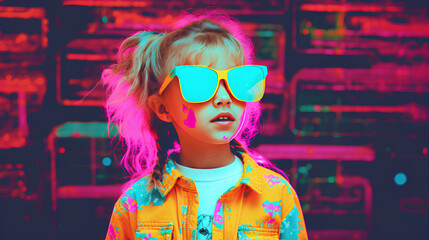 Child. Y2k neon glitch stickers glitch vaporwave nostalgia. Retro.

