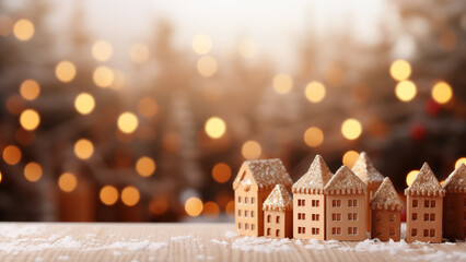 Charming little winter village scene illuminated with a soft, golden glow - obrazy, fototapety, plakaty