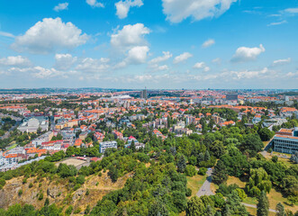 Prague, Czech republic, drone view from above in sunny summer day, July 2023