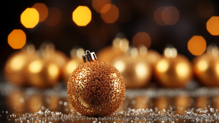 Golden glitter Christmas balls on a reflective surface with a backdrop of festive lights