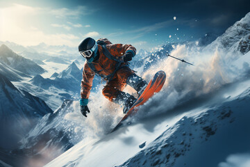 snowboarder jumping on a mountain slope, doing extreme sports - Powered by Adobe