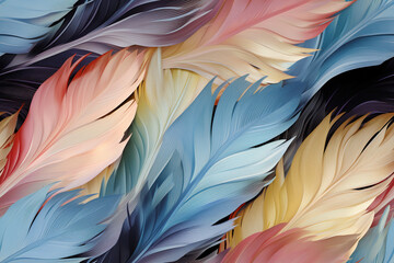 Colorful feathers, feather pattern in soft colors. Bright background. Generated by artificial intelligence