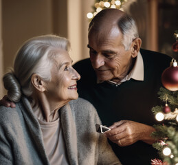 A beautiful and romantic couple of elderly gentlemen immersed in a splendid Christmas scene