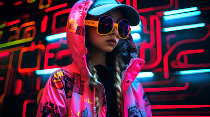 Child. Y2k neon glitch stickers glitch vaporwave nostalgia. Retro.

