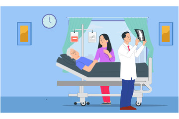 Male doctor looking an x-ray at patient room. Health care fitness vector.