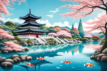 An outdoor mural illustration in a Japanese art style, featuring a serene garden with cherry...