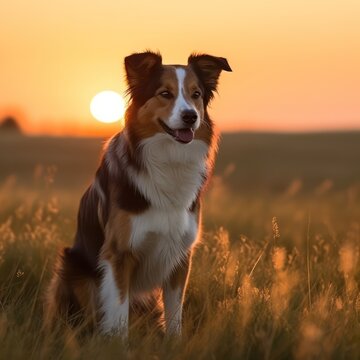 Dog border colie on green field in the sunrise.