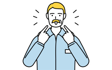 Senior white man teaching pronunciation in English conversation (pointing to his mouth)