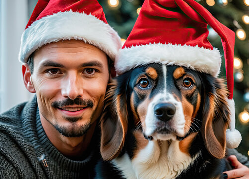 A young man in a Christmas hat with his dog, against the backdrop of a glittering Christmas scene