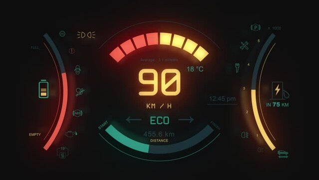 Car dashboard panel in electric vehicle. Modern digital screen with speedometer, battery range display and other info. Close up car panel signs.