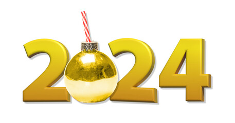 2024 Happy New Year design with 3D render words and Christmas ball ornament on transparent png without background