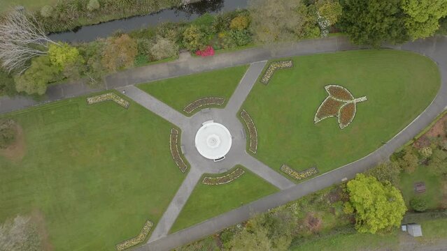 Aerial: flower beds and fountain in the Oamaru Public Gardens in the South Island, New Zealand