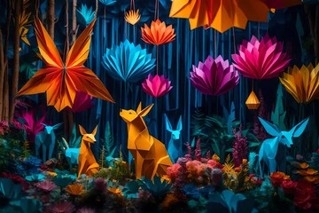 A whimsical and colorful paper art installation in a fantasy forest, with oversized origami...