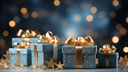 Holiday presents wrapped in teal paper and gold glitter, with a bokeh light backdrop