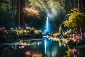 An enchanting woodland scene featuring a mythical creature standing beside a serene pond, vibrant flowers, and ethereal lighting filtering through the trees