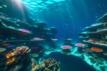 A mesmerizing underwater cityscape teeming with marine life, colorful coral reefs, and futuristic...