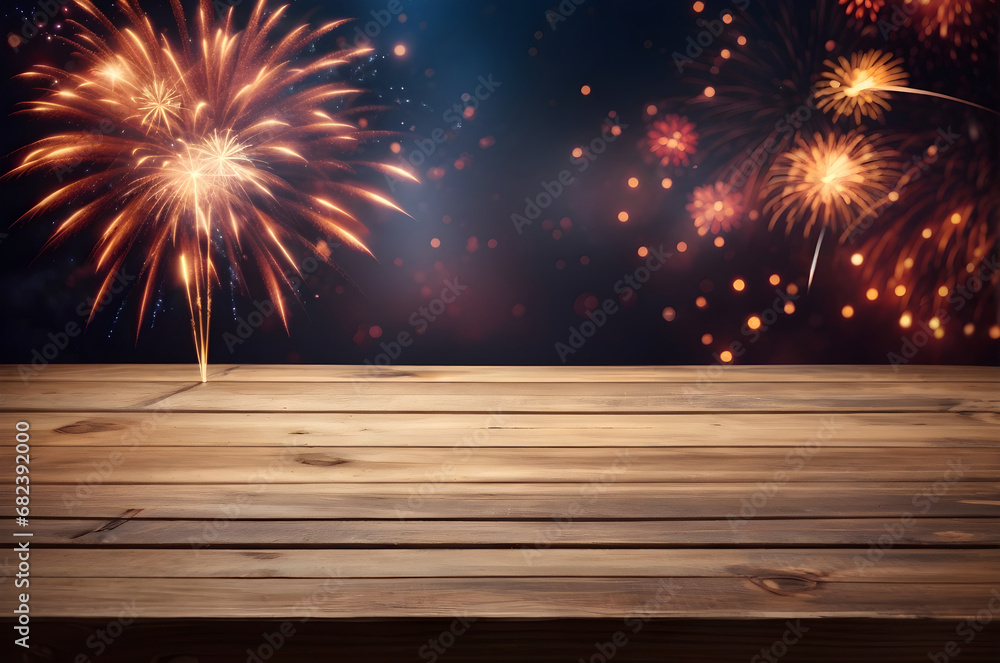 Poster empty wooden table with fireworks background