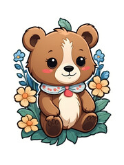 Fototapeta premium Capture hearts with this charming sticker featuring a cute cartoon bear surrounded by delicate flowers in a white border. Perfect for adding a touch of sweetness to any project.