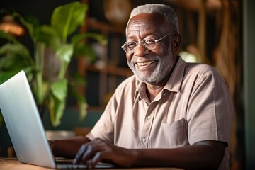 Old man of African descent in a light pink shirt and glasses uses a laptop at home and smiles