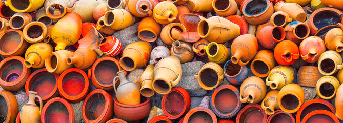 The backyard of a pottery workshop. Wide background consisting of clay pots, stoneware jugs and...