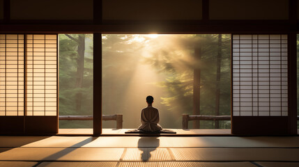 Silhouette of Person Meditating in Tranquil Japanese Room.